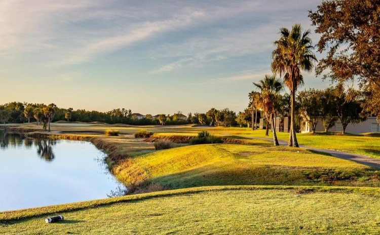 Early morning view of golf hole from tee box with water feature on the left and tall palm trees on the right.