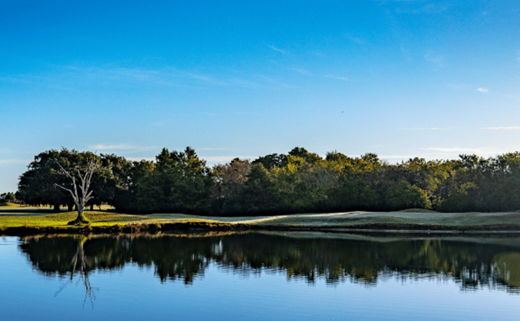 Pond on Golf Course reflecting fairway trees and clear blue sky